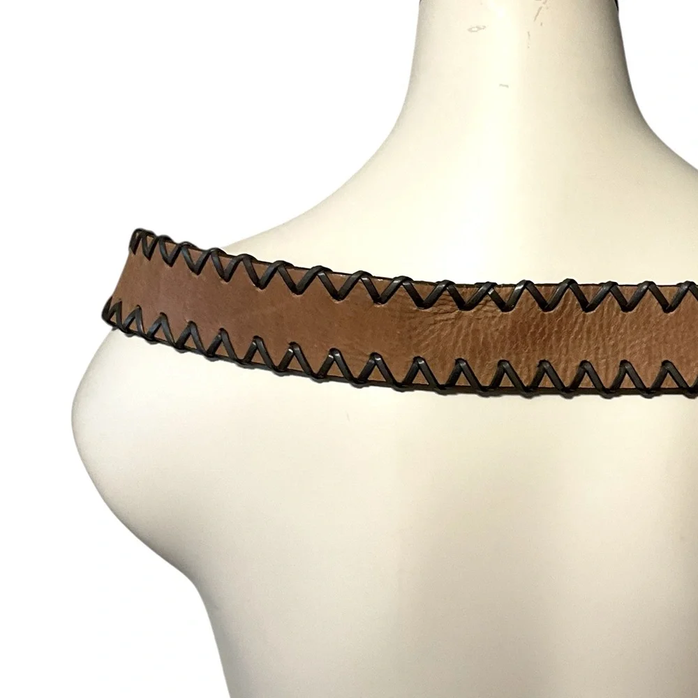vtg Retro LEATHER Belt OS Adjustable Braid Trim Tan Brown